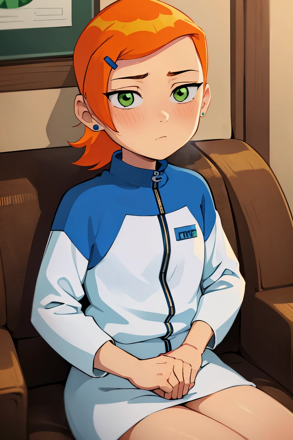 Gwen tennyson , 1girl , anime , masterpiece ,orange hair ponytail ,green eyes , jaqueta aberta , sitting in an armchair, blush , Lovely , olhando apaixonada, provocation