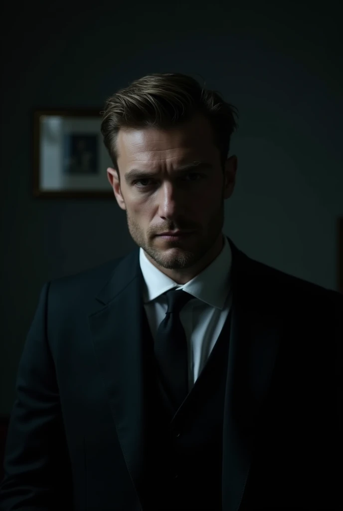 "A handsome businessman in a dark room, his eyes and a face locked on camera lens, short image9-16