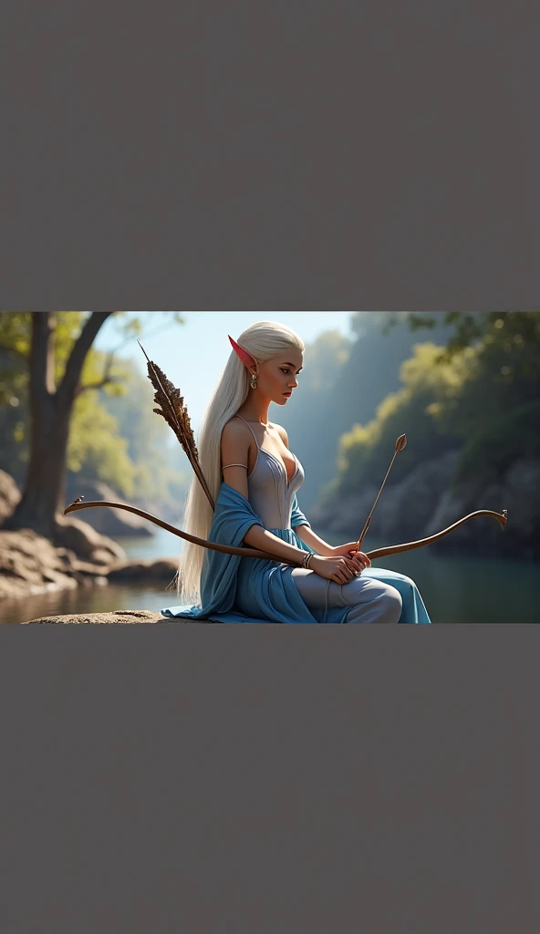Full body portrait. A beautiful female elf carrying a bow and arrow wearing a blue and white dress is sitting on a river rock. This scene is a very detailed and professional 3D digital art. professional lighting, photon mapping, radiosity, physically-based rendering,