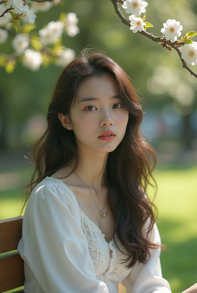 Surreal photos taken with Sony α7 III camera, 85mm lens mounted on F1.2 Aperture settings, Depicting a young woman sitting on a wooden bench in a sunny park. The background looks blurry., highlight the topic. The park is decorated with lush greenery and blooming flowers., Create a tranquil atmosphere. Soft sunlight gracefully illuminates the subject&#39;s face and hair.., Shine like a dream. image, Filmed in high resolution and 16:9 aspect ratio, Capture the natural beauty and individuality of your subjects with stunning realism –ar 16:9 – 5 days.2 – Style Raw