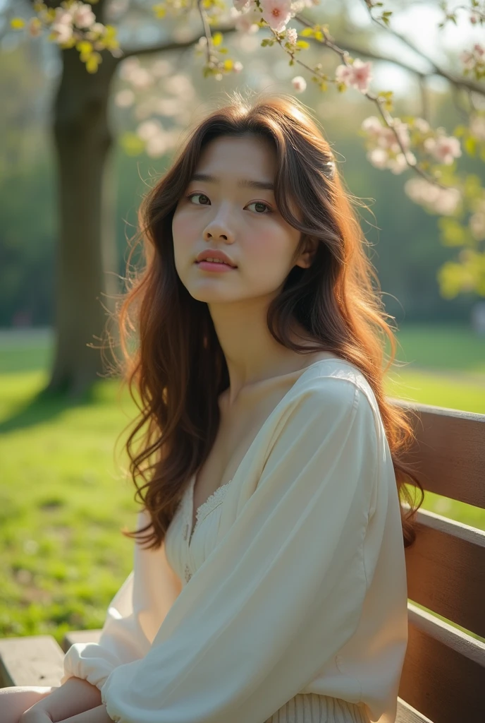 Surreal photos taken with Sony α7 III camera, 85mm lens mounted on F1.2 Aperture settings, Depicting a young woman sitting on a wooden bench in a sunny park. The background looks blurry., highlight the topic. The park is decorated with lush greenery and blooming flowers., Create a tranquil atmosphere. Soft sunlight gracefully illuminates the subject&#39;s face and hair.., Shine like a dream. image, Filmed in high resolution and 16:9 aspect ratio, Capture the natural beauty and individuality of your subjects with stunning realism –ar 16:9 – 5 days.2 – Style Raw