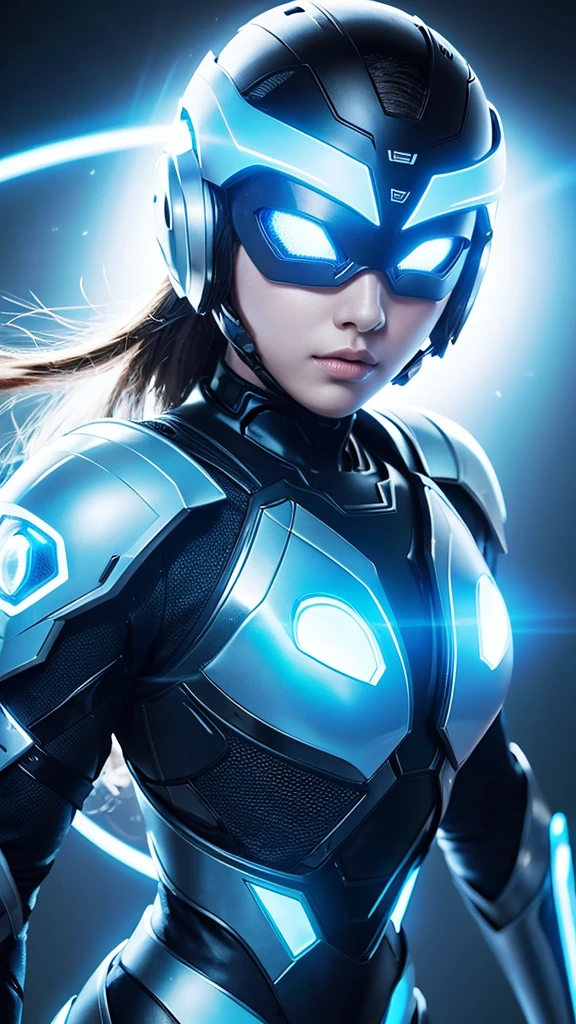 A female hero wearing futuristic body armor(white,light blue,Glowing lines),Full-face helmet,Round eyes,Compound eyes emit light,Transformation Hero,sf