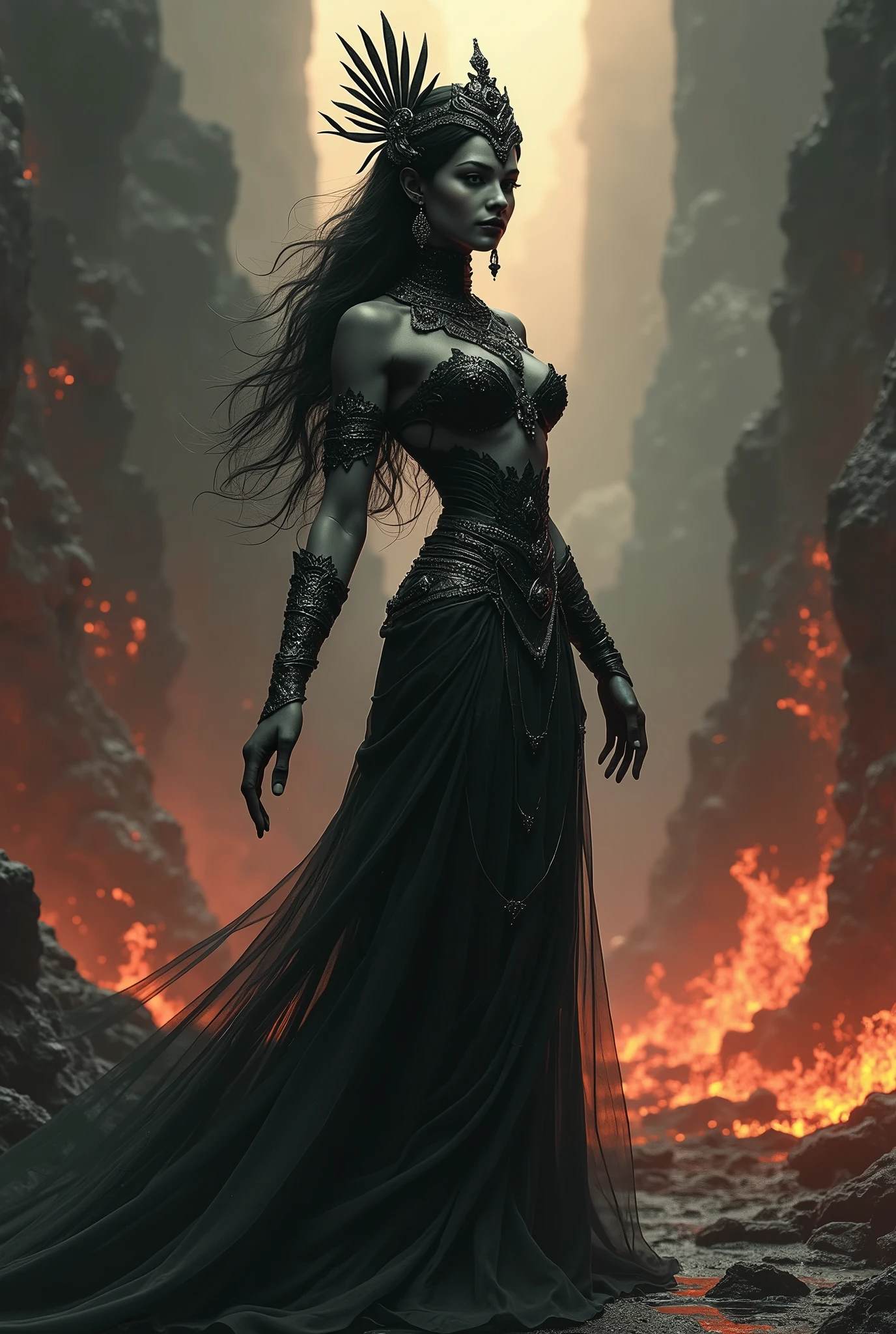 A detailed, dark, and intricate portrait of a beautiful Black Apsara figure in a hellish, fiery landscape, (best quality,8k,highres,masterpiece:1.2),ultra-detailed,(realistic,photorealistic,photo-realistic:1.37),extremely detailed facial features,detailed eyes and lips,long eyelashes,flowing black hair,intricate golden headdress and jewelry,dark and moody atmosphere,hellish background with flames and smoke,dramatic lighting,deep red and orange tones,dark fantasy,concept art,digital painting