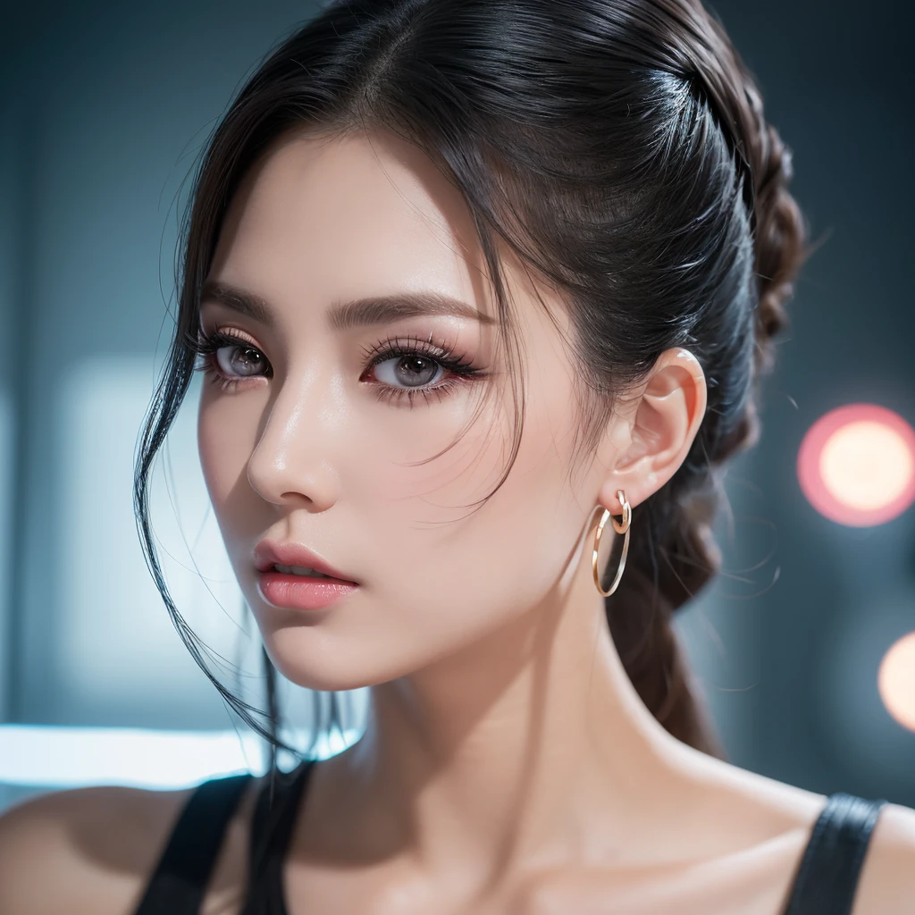 masterpiece, Highest quality, alone, One girl, Glowing Skin, Hoop Earrings, glamorous, Whimsical details, Slicked back hair, Fascinating, Bare shoulders, cyber punk, Shallow depth of field, Contrasting, Professional Model, Facing forward, Portraiture 、Big eyes、double eyelid、False eyelashes