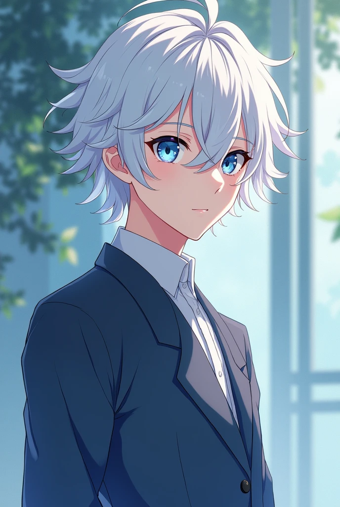 Anime of a 20 year old young man with white hair and blue eyes