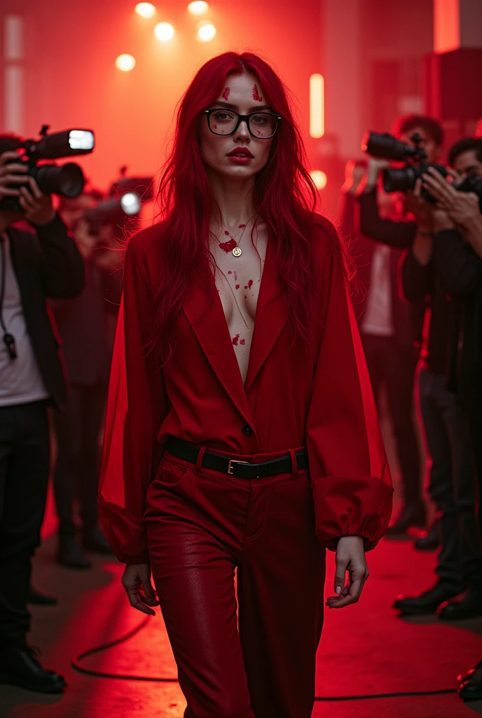 redhead woman with blood glasses red clothes with blood,leaving a music studio,several paparazzi with flashes,Studio background with instruments 