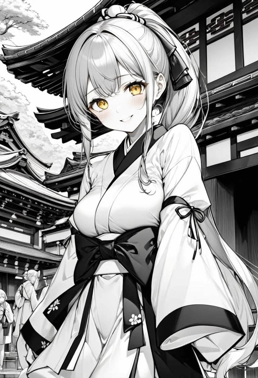 ((monochrome style)), (15 yo) (beautiful ponytail) (beautiful detailed gray hair long hair), (immensely cute girl) (best cute yellow eyes) (Embarrassed look smile) (medium:1.3 tits), in a detailed shrine maiden clothes, break, in the white and black Dazaifu Tenmangu Shrine, background beautiful white sky, BREAK, 16k, masterpiece, best quality, immensely detailed monochrome.