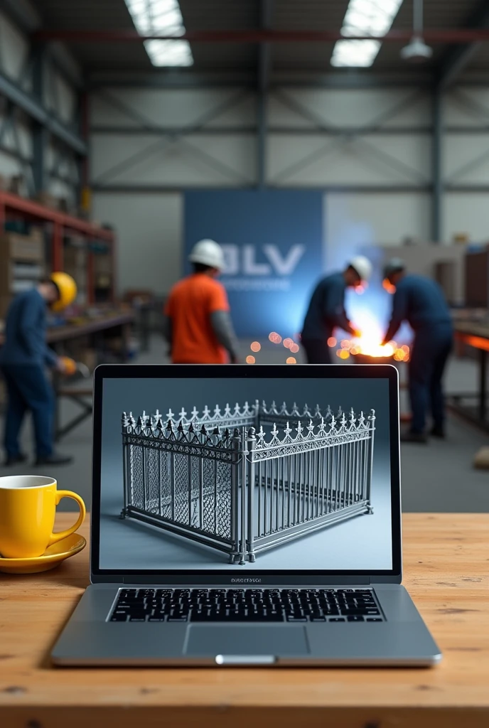 Laptop screen shot showing 3d design of large iron fence. Beside the laptop is a yellow coffee cup.. Behind the laptop there are several welders welding iron fences and canopies in a large warehouse with lots of iron poles., there is a large iron board with BLV written on it.