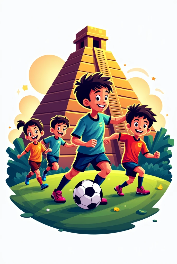 Football league logo with kids playing football, A soccer ball, a goal, Aztec pyramid, What are you saying? "Jose Salazar Garrido League"