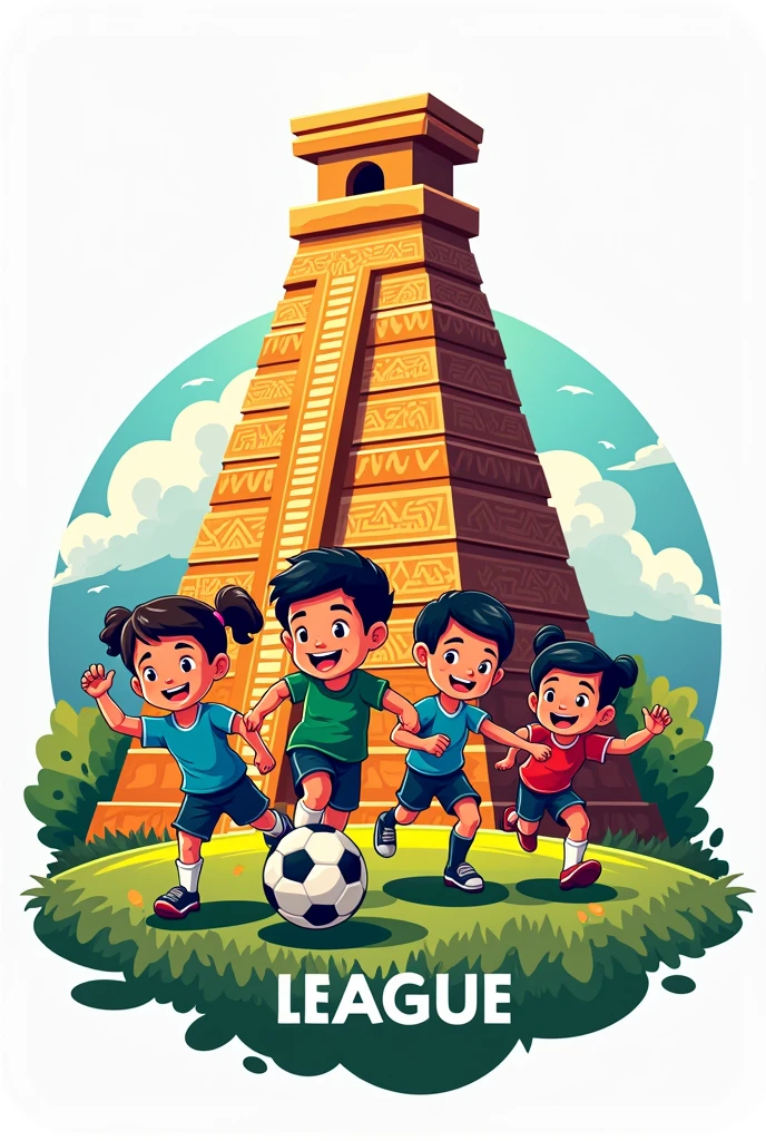 Football league logo with kids playing football, A soccer ball, a goal, Aztec pyramid, What are you saying? "Jose Salazar Garrido League"