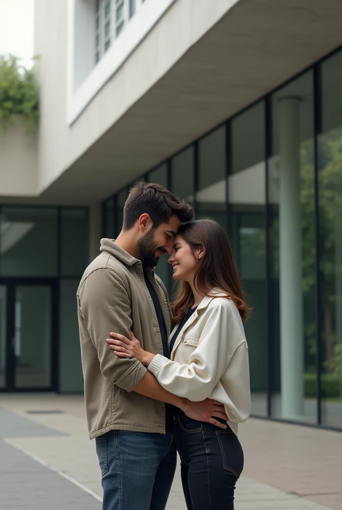In front of a modern building, a man hugs a woman