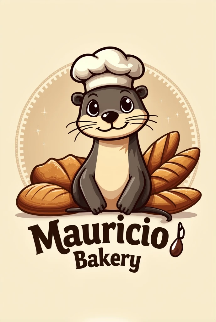 Logo for a bakery called “Mauricio Bakery” that has breads and an otter with a chef's hat on the logo