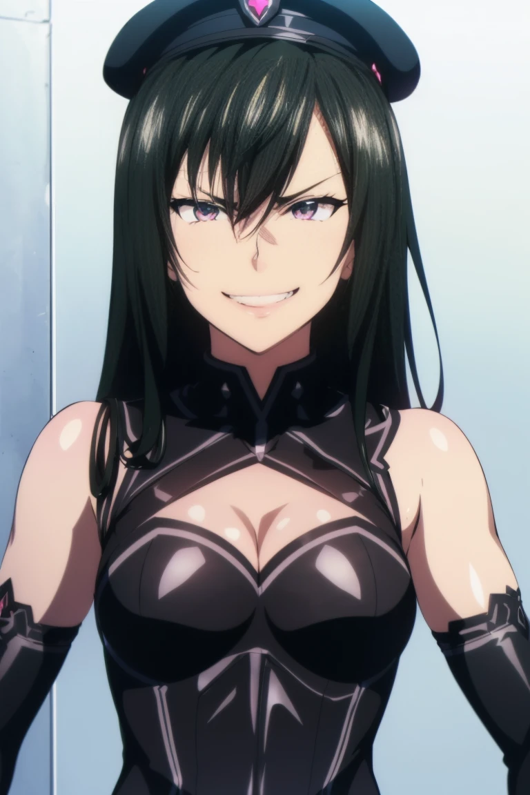 beautiful, masterpiece, ultra detailed, extremely detailed, ultra high res, 8k, beautiful detailed face, anime screencap, heart shaped face woman, (black hair:1.2), long hair, hair between eyes, large breasts, fearless face, sharp face, slant eyes, cat eyes, 170cm tall, adult, perfect proportion, (((black high-leg leotard))), (((dare shoulder))), cleavage, (((thigh boots))), choker, (((military cap))), anime style, extremely ultra detailed beautiful face and eyes, front view, raw phot, incredibly absurdres, Beautiful portrait of cute anime girls, super fine illustration, full-hd, hdr, best aesthetic, distinct, exquisite, masterwork, by famous artist, highers, (((perfect anatomy))), mocking, (((rape face))), (((evil grin))), intense eyes, sadistic, gleaming skin, oil skin, slut face, full-face blush, smirking, mischievous grin, furrowed mouth, both legs, pouty lips, downturned corners, rosy hue, grin widely, cheeky smirk, (((bad-tempered glare))), gloating, crazy smile, scary face, cruel smile, fang, connected teeth,, (((elbow gloves))), (((big connected teeth)), glare, grimace, smirk, (((scowling face))), smile broadly, symmetrical eyes, even eyes, perfect eyes, (((squinting eyes))), deep detailed eyes, shiny clothes, 1girl, solo, smug, smile grimly, (((dimpled smile))), pink eyes, (((upper body shot and standing))), (((laugh))), (((pleasure face))), (((brutality face))), (((scary face))), (((fang))), super detailed skin, official art, production art, top quality, high quality, amazing quality, finely quality, fantastic, professional quality, perfect hands, perfect arms, both arms, two arms, both hands, two hands, cleavage cutout, bare collarbone, shiny hair, 