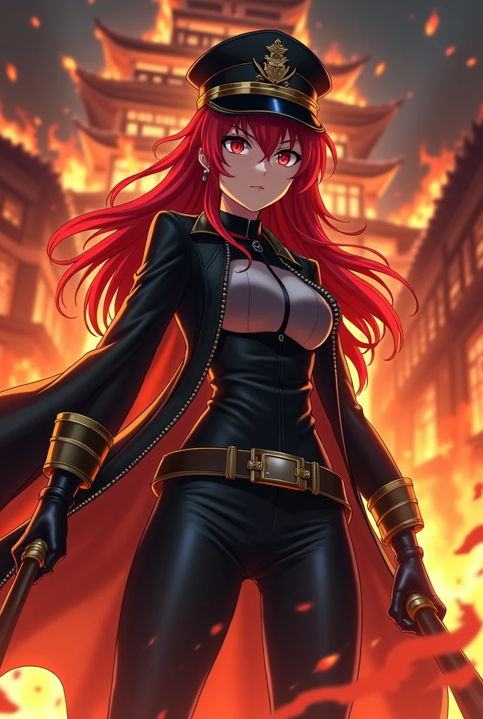 red-haired female anime, angry, wearing a long black jacket and tight clothes, wearing a spiked war general's hat, the atmosphere in the Japanese castle is on fire, full of aura
