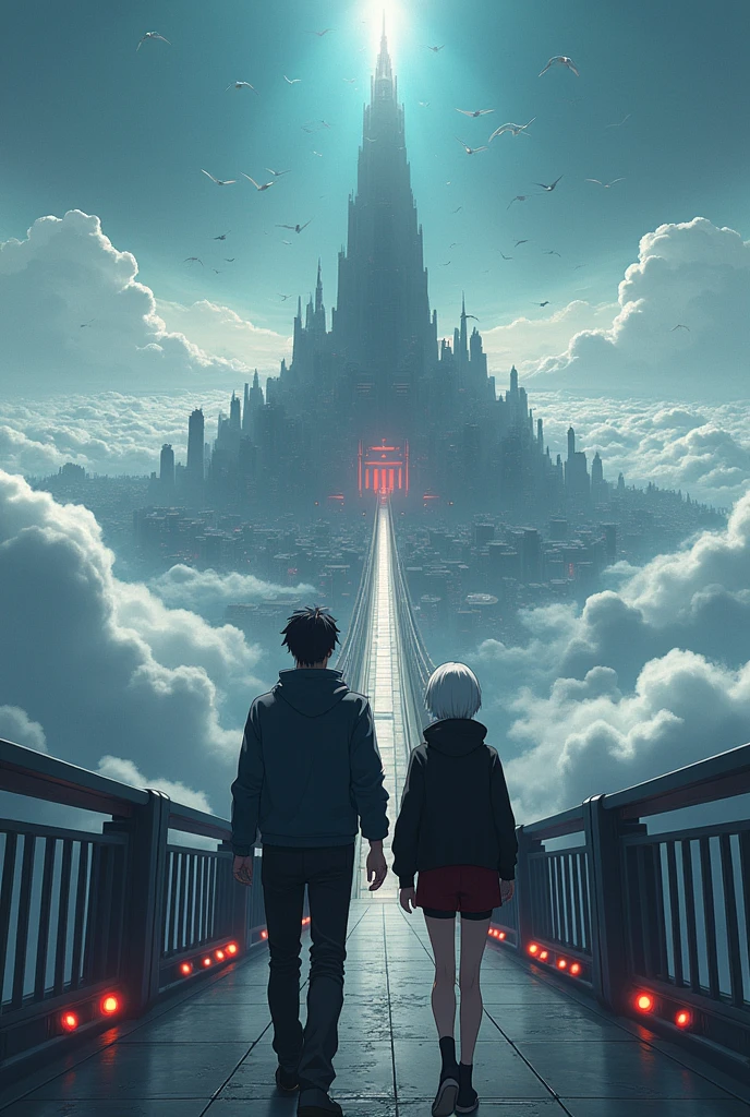 The image is anime style cowboy bebop and Darker than black with shadows and dim lights, anime style although somewhat adult and dark, en ella se muestra a dos personas In the distance, A black-haired adult wearing a sweater and an albino adult woman with short white hair wearing a black sweater and small dark red shorts walking on a very technological and cyberpunk bridge, very wide and colossal on the way to heaven, the bridge is seen above the clouds, In the distance, at the other end of the bridge, You can see the Tower of Babel rising to the top, with thousands of angels flying around him. The image is focused from far away and from a higher image plane.. In the background of the city you can also see biblicaly accurate angels