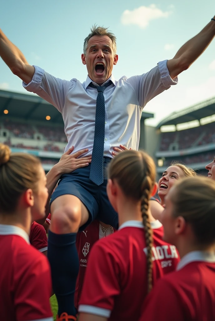 A british womans football match where the woman are carrying their male manager in celebration he is wearing a shirt and tie is in his late 30s