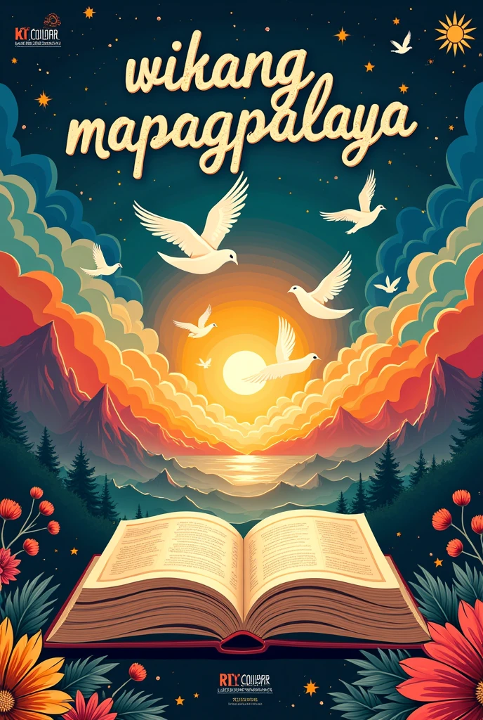 poster with the title "Wikang Mapagpalaya" prominently displayed in elegant, flowing Filipino script across the top. The background is a dynamic panorama of vibrant colors, symbolizing the richness and diversity of language. In the center, an open book lies horizontally, with its pages morphing into soaring doves, representing the liberating power of language. Traditional Filipino patterns and cultural symbols, such as the sun, stars, and intricate textiles, subtly frame the scene. The overall design is empowering, with a strong emphasis on cultural pride and the transformative impact of language on freedom. Make it in a landscape format.