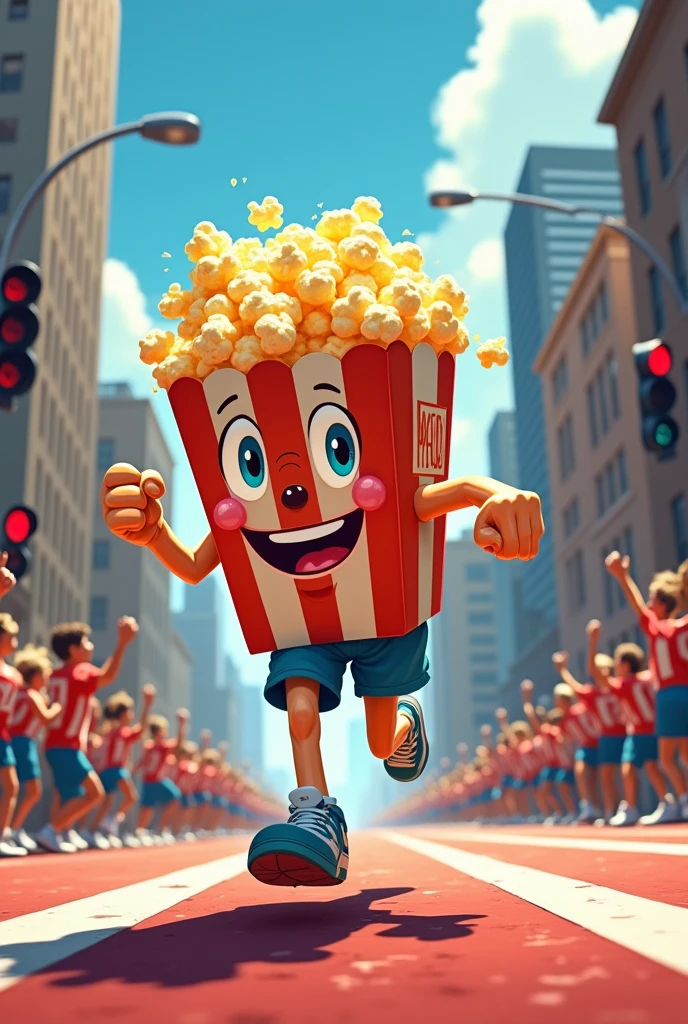 a cute illustration of a popcorn pack running in a street race like a professional runner