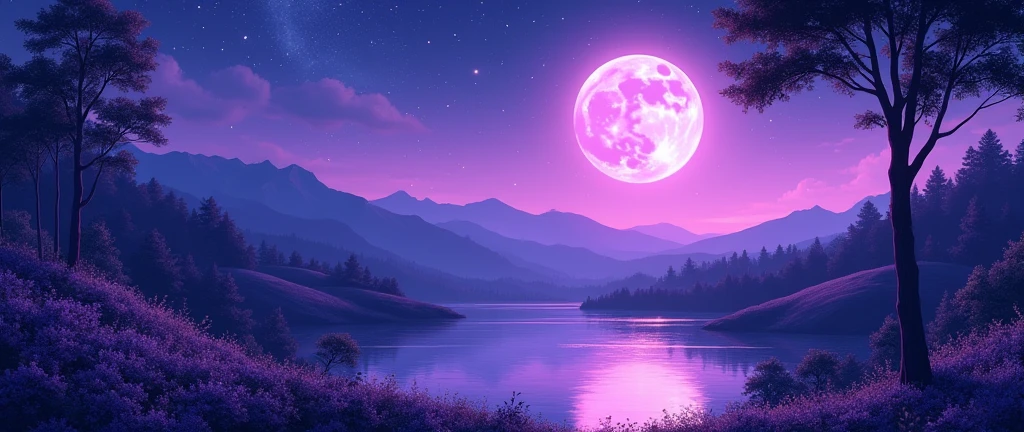 make an anime landscape with purple tones and the purple moon with shooting stars