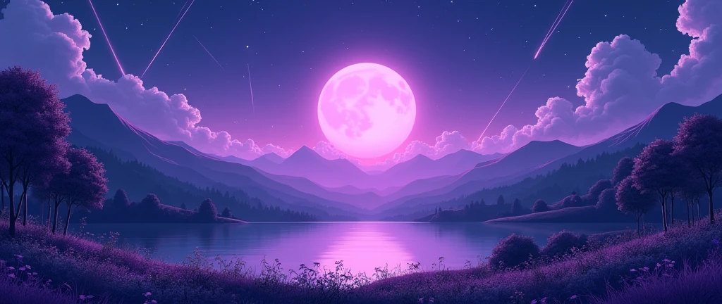 make an anime landscape with purple tones and the purple moon with shooting stars