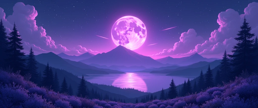 make an anime landscape with purple tones and the purple moon with shooting stars