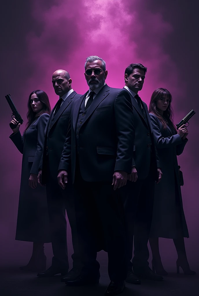 Generate an image with a purple background mixed with black and in the front written Nuguid Family with about 5 people 3 Man 2 women looking like the mafia with weapons in black detail.