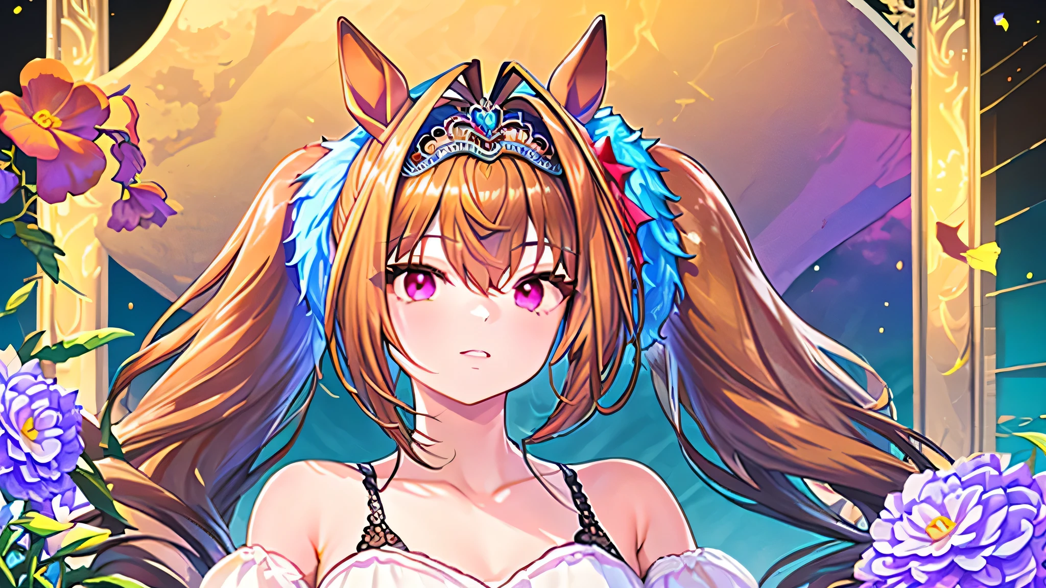 1girl, (masterpiece), (((best quality))), daiwa scarlet (umamusume),animal ears, horse ears, horse girl, long hair, twintails, hair intakes, brown hair, tiara, very long hair, red eyes,good_hands,(jewelry eyes:1.2), (floral tiara), ((exquisite illustration of a girl wearing flowers)), ((blooming flowers)), ultra detailed, perfect light, 8k high-resolution,