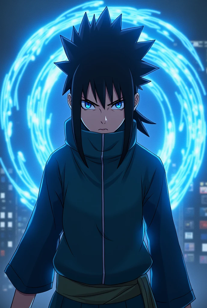 onagem that is a ninja contains a style SIMILAR to Boruto's BLUE vortex has 1,75 tall blue eyes clothes like Sasuke in Boruto straight brown hair with spikes like the protagonist of shield hero and a serious face