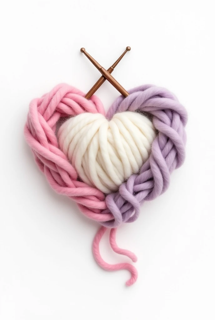 "A logo with a white background that features a ball of wool in the center, with pink and pastel lilac wool threads coming out of it and joining together to form a tender and elegant heart. On top, there is a pair of crossed crochet hooks, with the tips pointing down, as if they were weaving the heart. The pink and pastel lilac wool threads are soft and delicate, and the heart has a slightly irregular shape, as if it were handmade. The crochet needles are fine and elegant, and the whole thing conveys a feeling of warmth and tenderness."