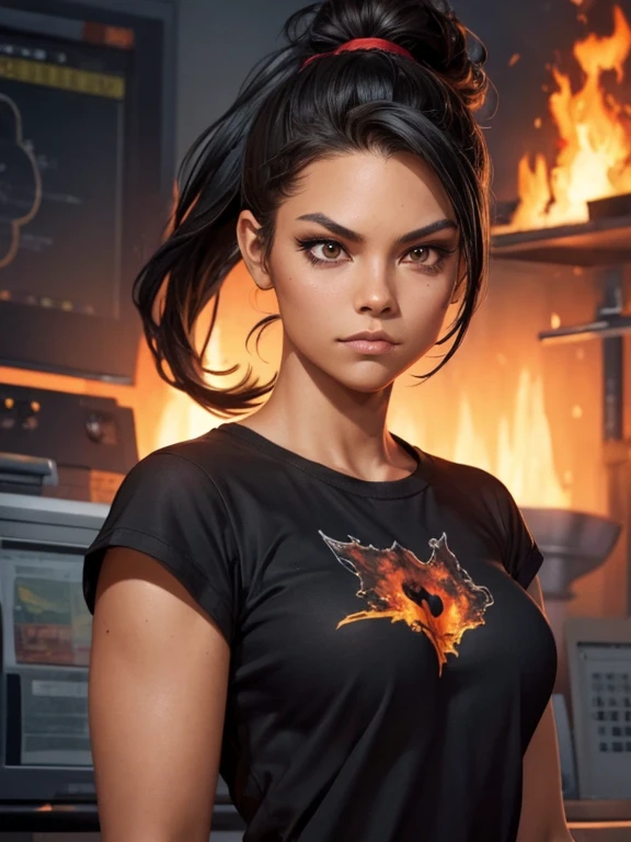 a girl's sloppy appearance mulatto with ponytail black hair, fire, black T-shirt, flames, elegant, digital painting, concept art, sharp focus, illustration  