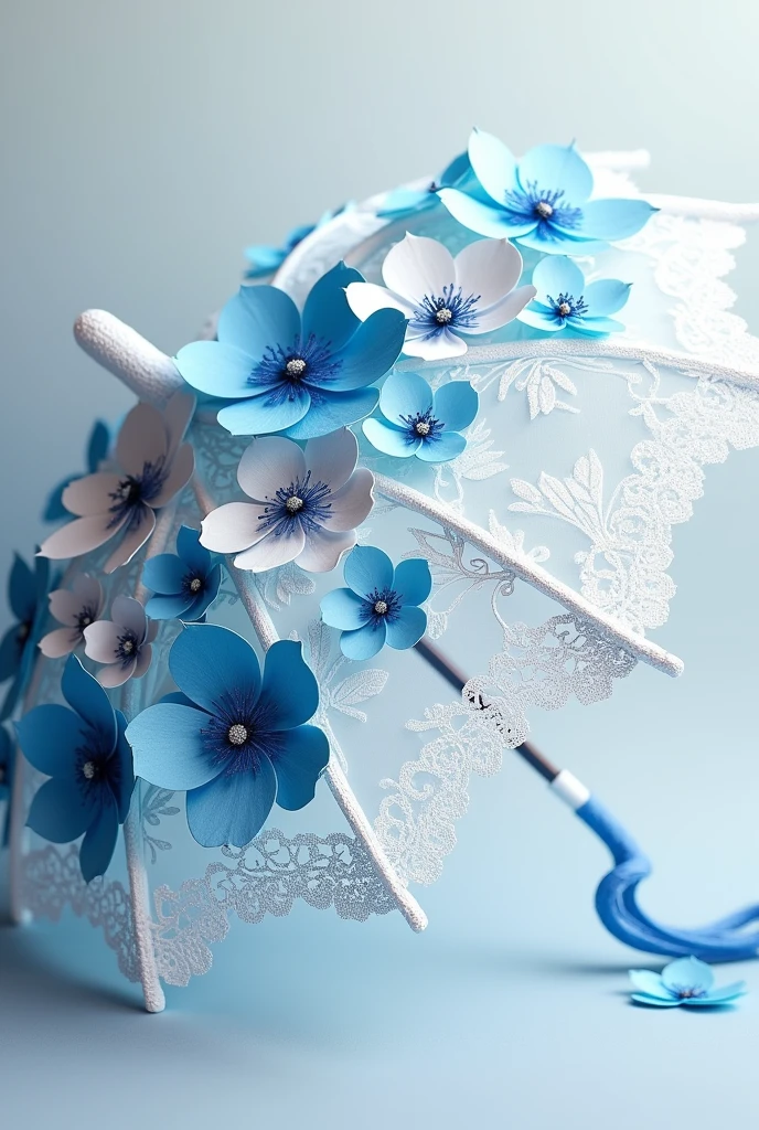 (photorealism:1.2), White lace parasol decorated with many different types of blue and white paper flowers