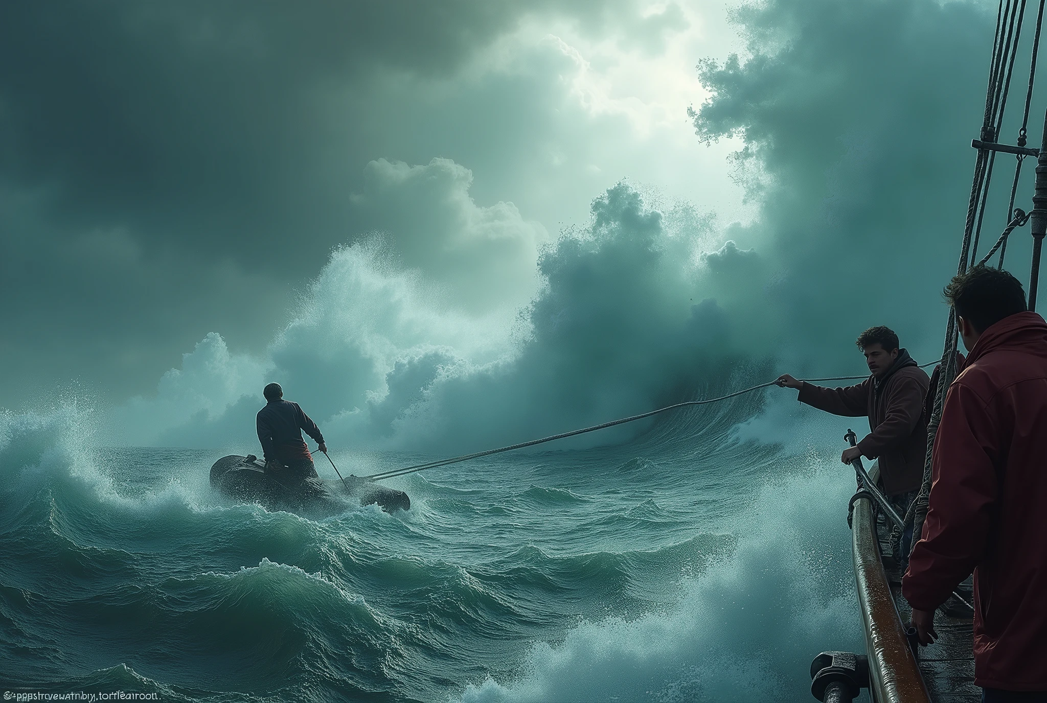 Crab boat, rough sea, crashing waves, raging storm, stunning seascape, dramatic lighting, gorgeous color tones, moody, cinematic, (Best quality, very detailed work, (realistic, photorealistic, realistic: 1.37)There is a fisherman who fell into the sea and was hanging on to a piece of wood that was floating on the water.. The fishermen tried to save him with a rope..
Dramatic lighting, cinematic composition, dramatic color palette, epic scale, powerful waves, turbulent waters, choppy skies, looming clouds.).