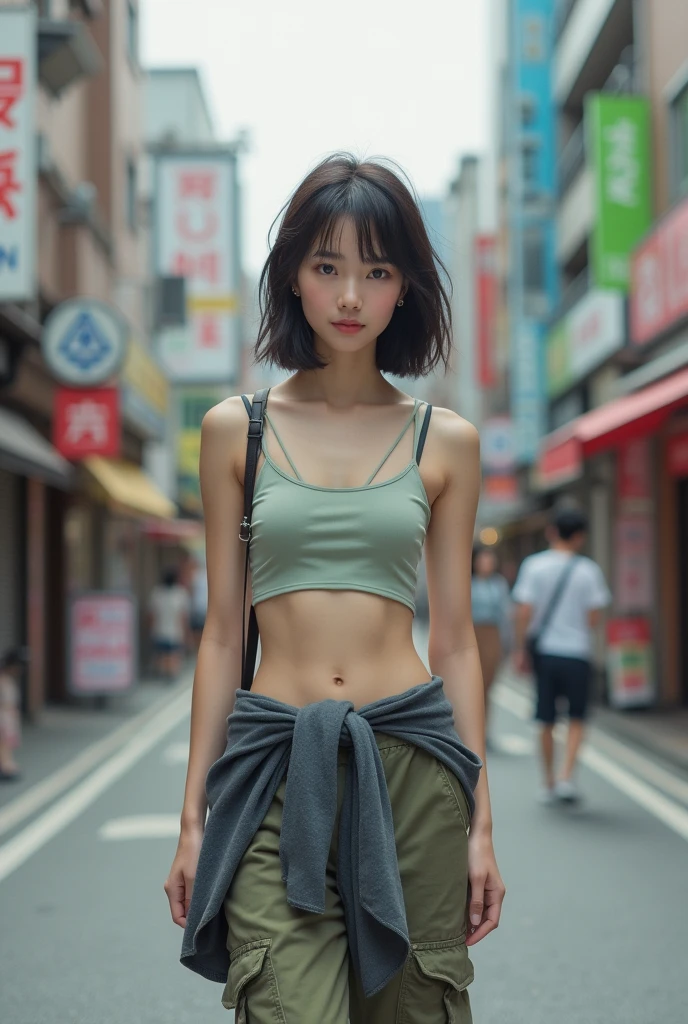 Realistic photo of Japanese girl going though the street wearing Crop top, cargo pants and swestshirt tied around her waist