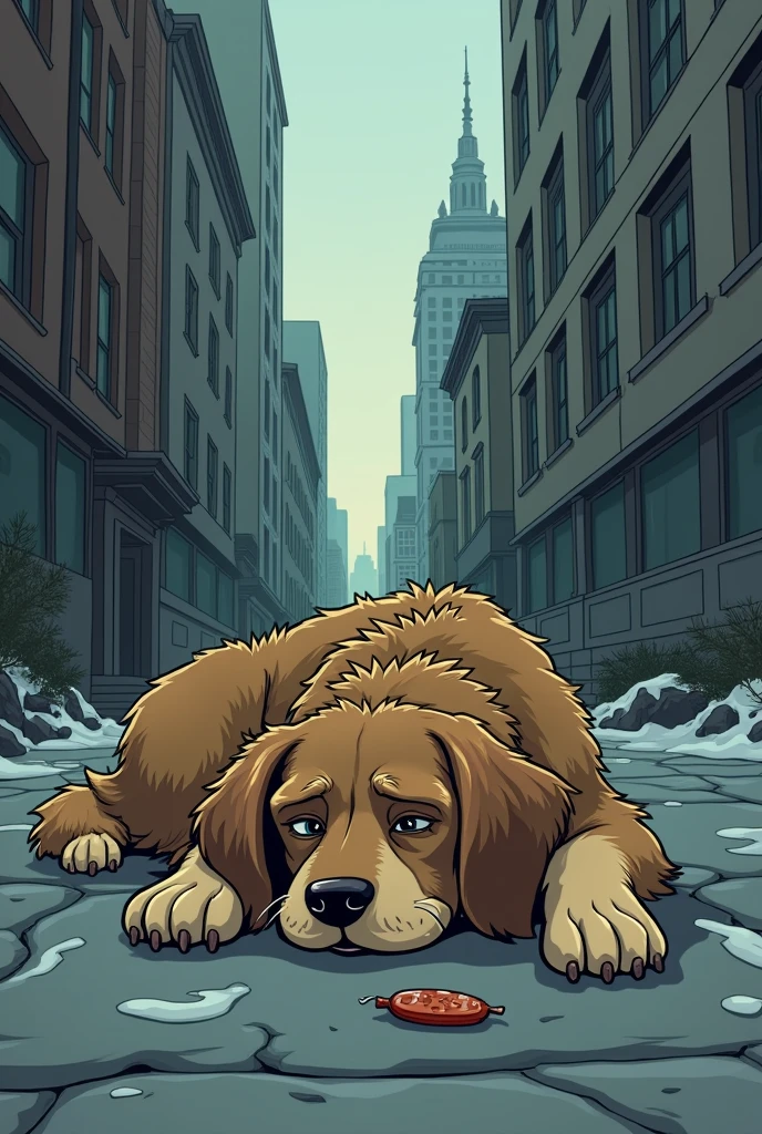as if it were a cartoon of a very sad dog sleeping on the street