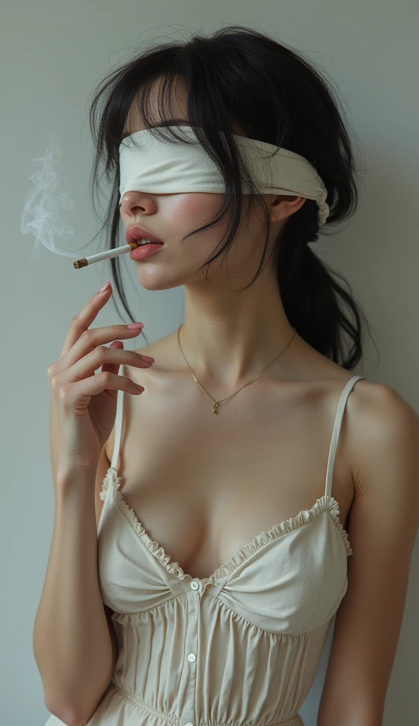 Highest quality, masterpiece, Small breasts, (Small breasts), Detailed skin texture, Detailed cloth texture, Detailed face, Super Detail, 8k, Intricate details, One girl, Detail Eyes, Smoke a cigarette, Blindfold the right eye