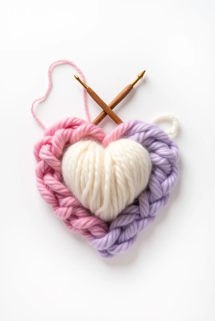 "A logo with a white background that features a ball of wool in the center, with pink and pastel lilac wool threads coming out of it and joining together to form a tender and elegant heart. On top, there is a pair of crossed crochet hooks, with the tips pointing down, as if they were weaving the heart. The pink and pastel lilac wool threads are soft and delicate, and the heart has a slightly irregular shape, as if it were handmade. The crochet needles are fine and elegant, and the whole thing conveys a feeling of warmth and tenderness."
