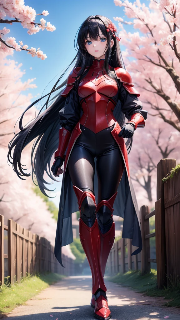 アニメ,{red full body armor 1.6 detailed},  1 girl, {face perfect}, {long black hair}, {blue colored eyes}, {asymmetrical eyes}, {perfect nose}, {red lips}, {full body 5.0}, {walking in a cherry blossom field}
{8k image}, {128k ultra resolution}, {ultra quality 128k}, {128k high quality sharpness}