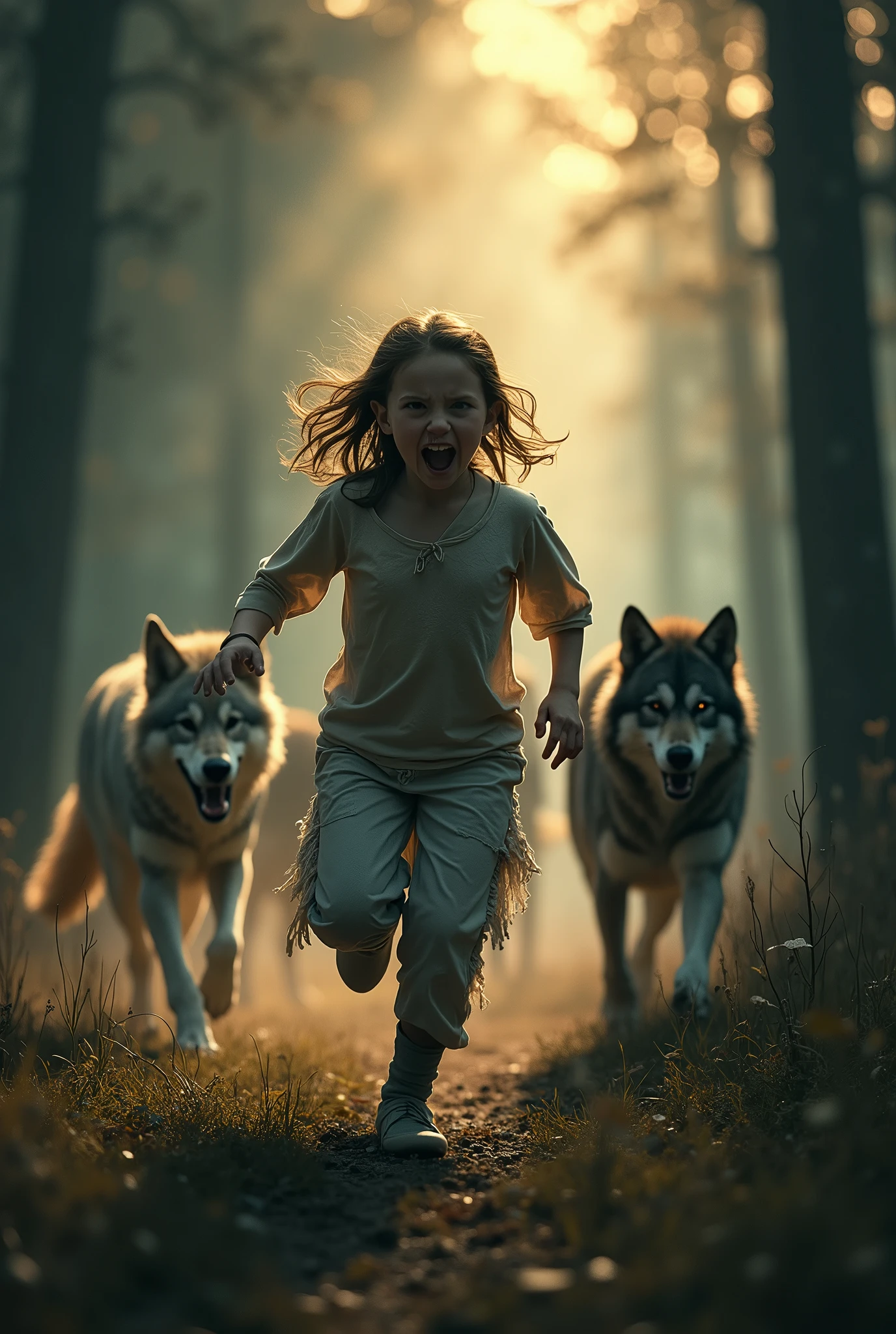 A clear, high-resolution image, like a Leonardo da Vinci painting, of a girl running in the forest, and wolves are following her in the middle of the forest, her clothes are torn, and fear is in her eyes, the girl screams and asks for help, there in the middle and in the distance there is a soft, yellow lighting in the depth between the trees, a strong man appears in the middle like a ghost and scares the wolves, the wolves run away, .
Time, at sunset, picture perfect
