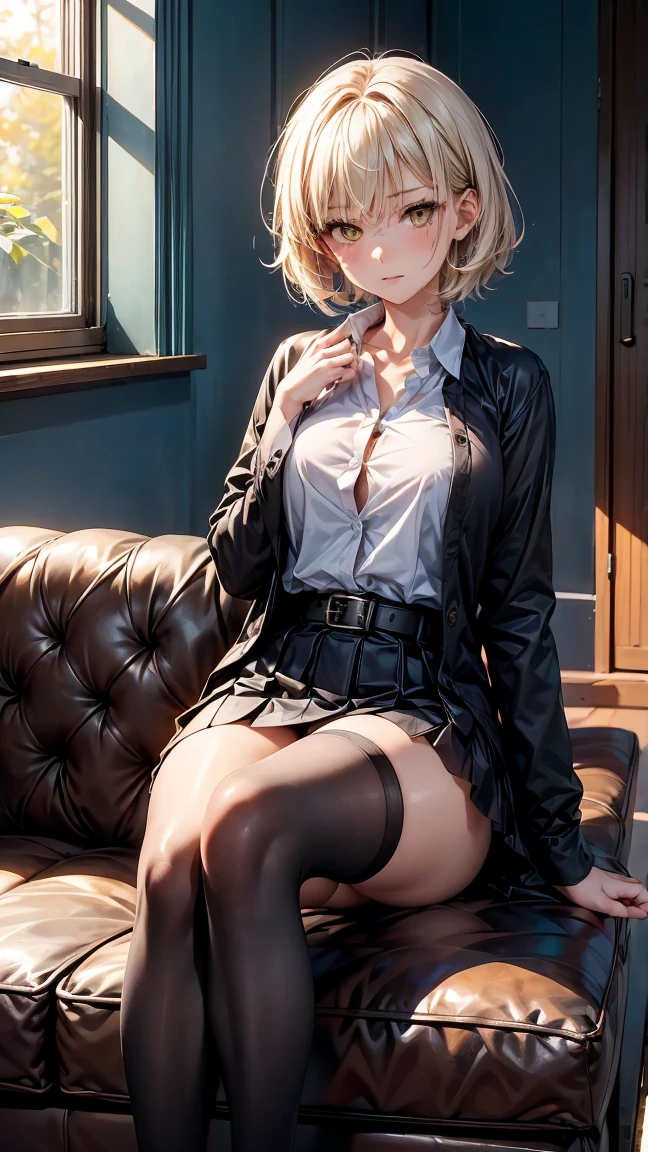 
"A 30 year old woman with short white hair, and intense yellow eyes. (She is wearing a black long sleeve button down shirt that highlights her elegant figure.,) a black mini skirt, a black belt, and black tights that cover her toned legs all the way down to her feet. The woman is in the living room of a modern house, with an expression of mystery and coldness. She is sitting on a brown leather sofa, your hands gently resting on the arm of the sofa, as soft sunlight streams in through the large window behind her."

