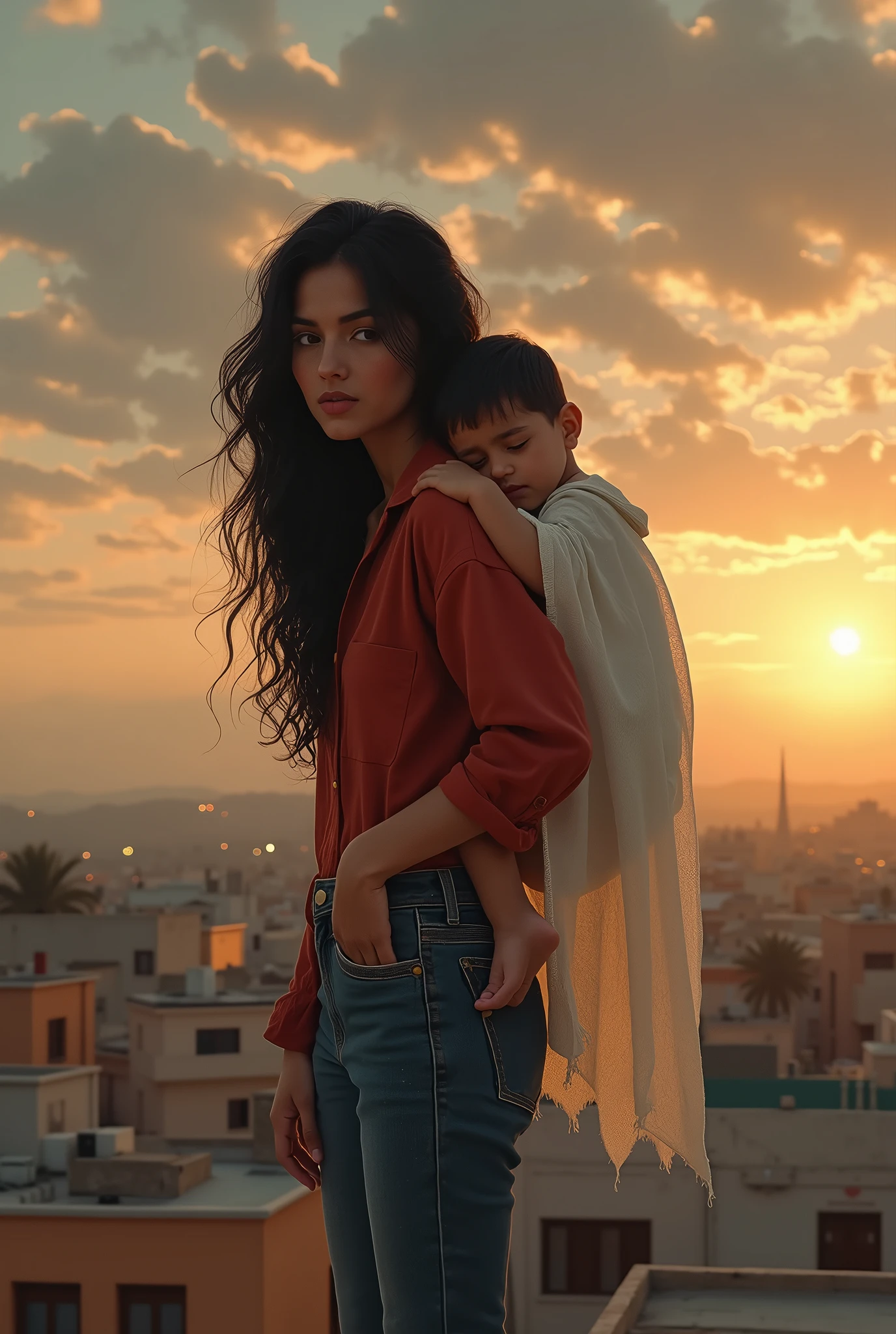 
Un clair, une image plus précise, comme si c'était un tableau de Léonard de Vinci, d'une fille arabe, , avec de longs cheveux noirs, portant son petit frère sur le dos, le petit endormi sur le dos et elle le couvre avec un tissu blanc, elle chante à lui pour qu'il ne se réveille pas . Le lieu, elle se tient sur le toit de la maison vêtue d'un jean et d'une chemise rouge transparente , et pieds nus, regardant les maisons voisines, les maisons semblent loin, et leurs fenêtres sont éclairées, le temps, coucher de soleil, l'éclairage est doux et les nuages sont nombreux et denses, L'image est très réaliste