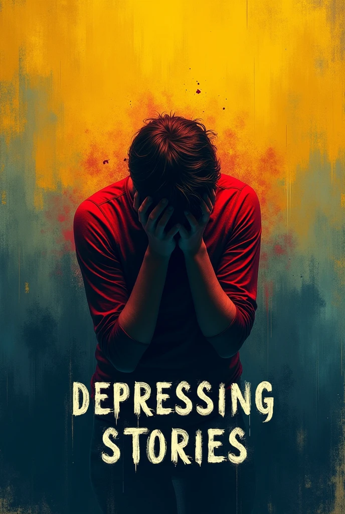 Create a cover for a book called "Depressing stories for ordinary people" with the colors yellow, red, blue and black:
The cover has a bright yellow background that represents the energy and intensity of mania.. In the middle, hay una imagen en red intenso de una persona con la cabeza entre las manos, surrounded by blue shadows that symbolize depression and darkness. The title of the book "Depressing stories for ordinary people" It is written in black letters, with an irregular and disordered typography, as if they were handwritten with a nervously moving pen.
El contraste entre el amarillo brillante y el red intenso crea un efecto visual impactante, while blue and black add a layer of depth and emotion to the image. The cover seeks to reflect the duality between mania and depression, and the intensity of the emotions experienced in these states.