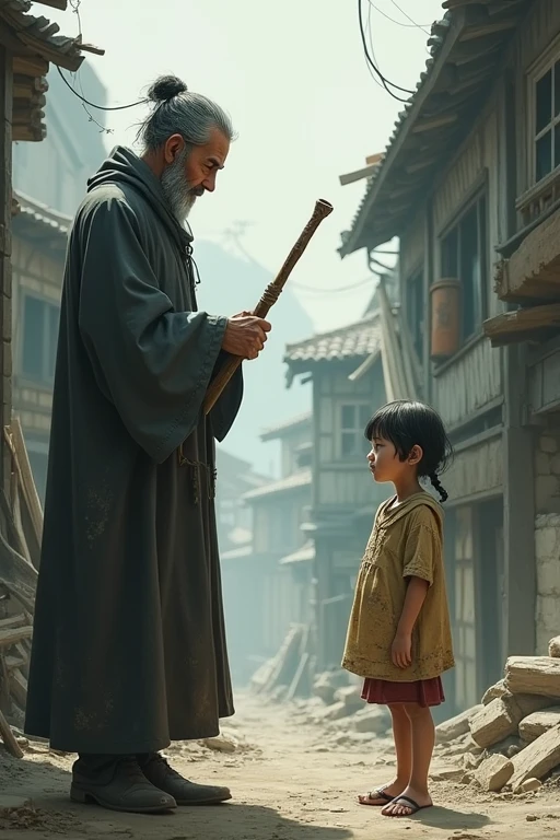 1 girl,  very very poor in Japan, A wizard turned bricklayer with his magic wand looks at the girl
