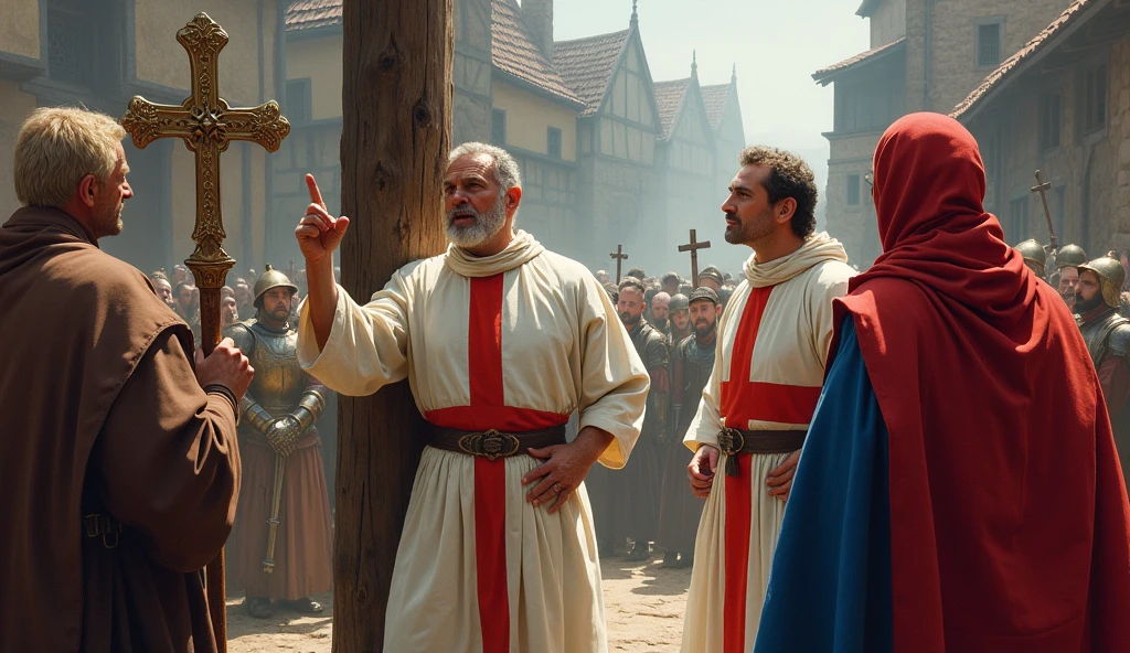 Bruxa voando A realistic painting-style illustration depicts an intense and solemn pre-execution or sermon scene, set in a medieval European city. The central focus is on three men in the foreground. the three middle-aged men, with long hair and full beards, wear a long white tunic adorned with a prominent red cross of Saint George on the chest, tied at the waist. He is leaning against a tall, weathered wooden post, pointing emphatically upward with his right hand as he speaks passionately. To his right is another man in a crimson hooded robe and royal blue cape. Behind them is a third man with blonde hair, partially turned around, also dressed in a white robe with a red cross, facing the lamppost. A religious figure, possibly a friar, dressed in a hooded brown robe, holds an ornate golden crucifix on a tall staff to the left of the main figures. The background features a large crowd of people dressed in various period-appropriate costumes, including armored knights, hooded figures, and others in soft-colored capes and tunics. The crowd's expressions range from attentive to somber. Medieval buildings with wooden structures and gable roofs are visible, suggesting a European setting. The lighting is natural and diffuse, creating a dramatic atmosphere with moderate contrast and balanced brightness.