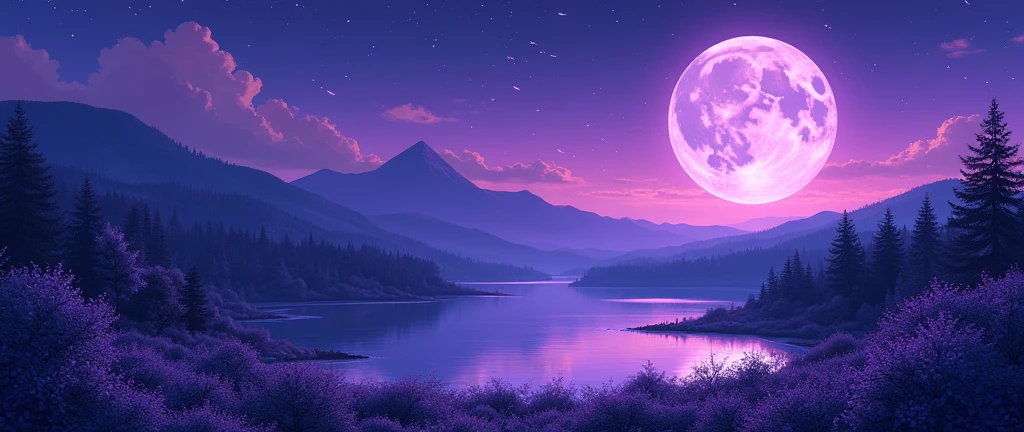 make an anime landscape with purple tones and the purple moon with shooting stars