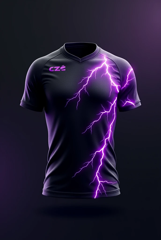 Create a front and back team jersey with a predominantly black color and purple lightning bolts 
