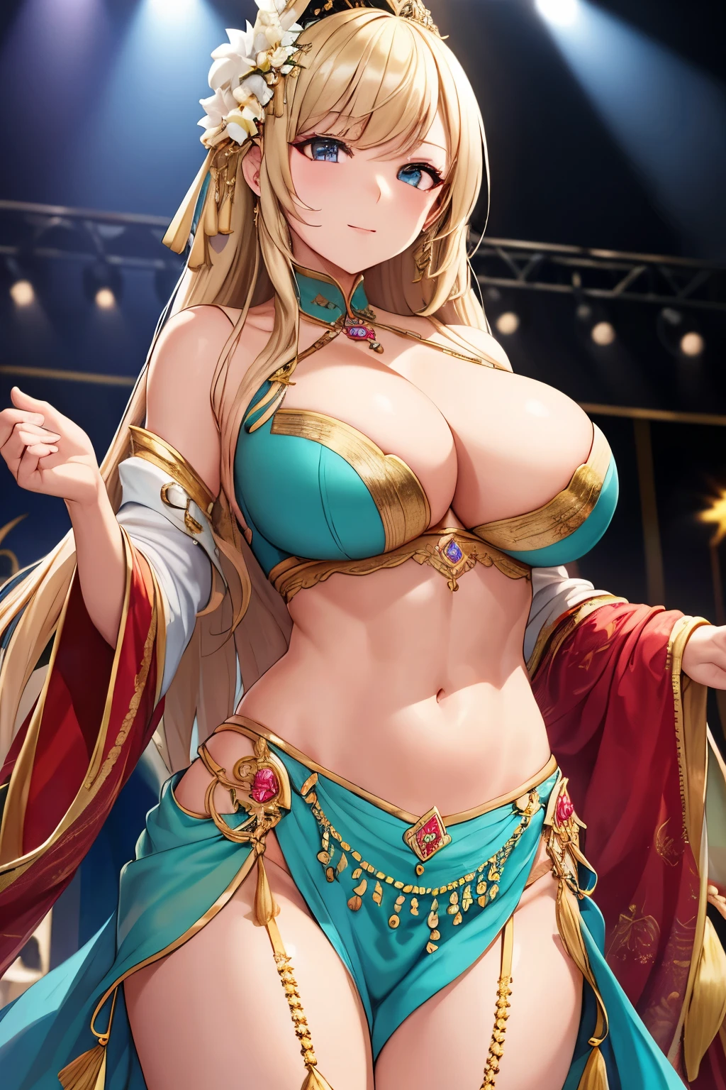 Masterpiece, Best quality, Beautiful girl, Beautiful face, Dancer, Luxurious clothes, Decorations, Stage, Abs, Big breasts, Cleavage, Sexy,