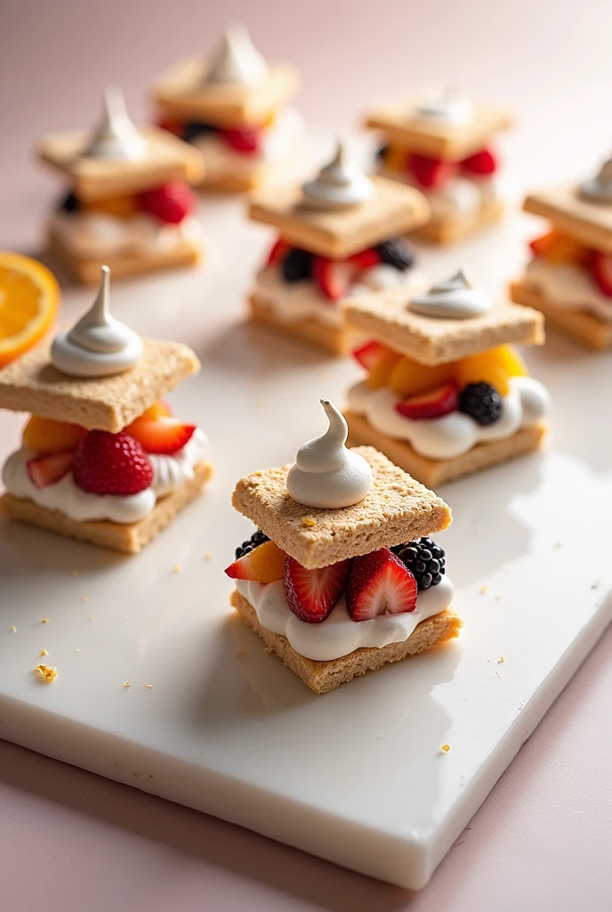 Elegant square pavlovas filled with fruit and topped with pavlova