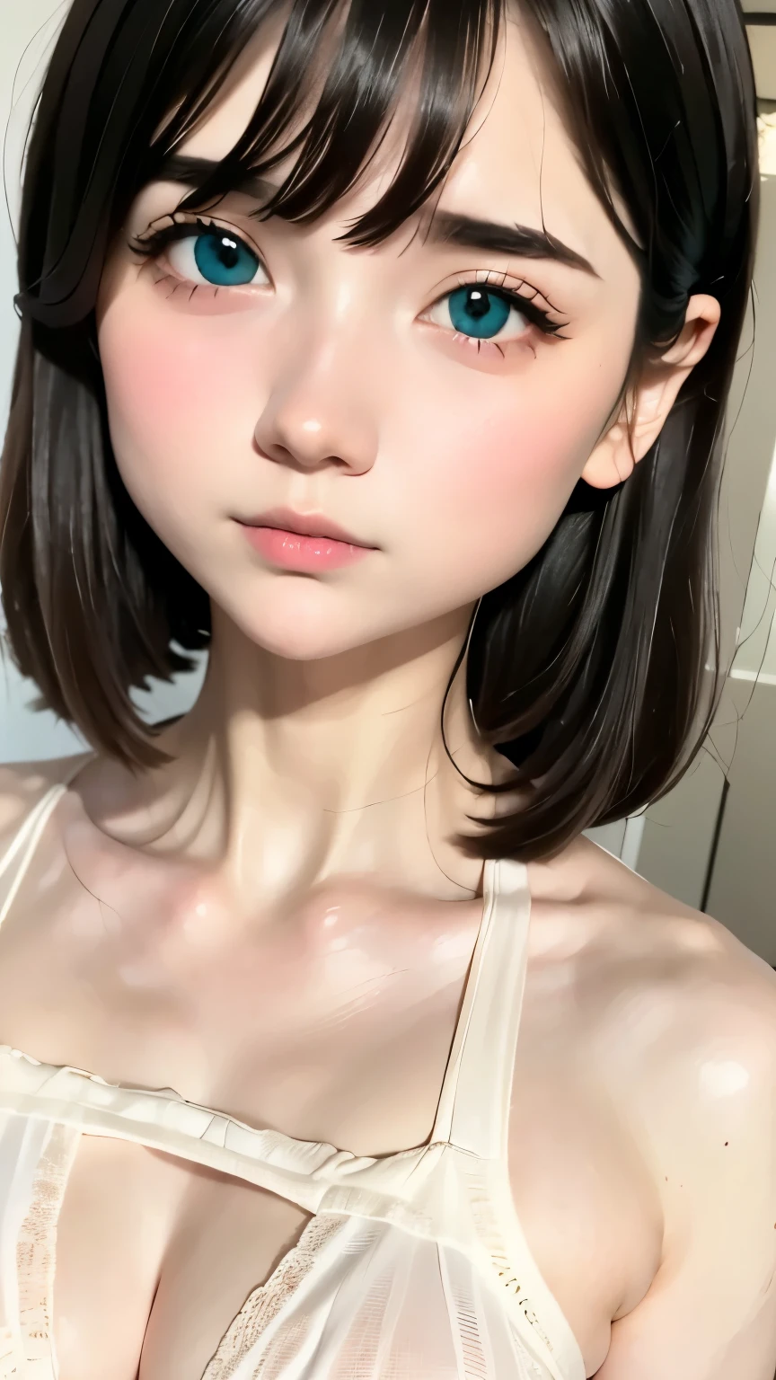 cute, (Black Hair、White Mesh), ((Short Bob)), Perfect Face, Innocence, An ennui look、Upper Body,(Grey Eyes),  (Small breasts), (thin), ((cute胸)), (()), Very detailed, Attractive oval face, Red lips, pink, Glowing Skin, thin髪, Face Focus, Chest close-up, Gorgeous hair ornament, ((1 person)), Embarrassed expression,