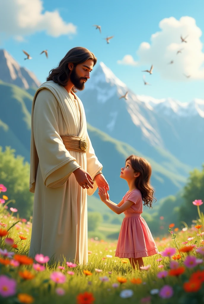 Jesus caminhando com uma garotinha em um campo, caminhando em campo, holding in his hand