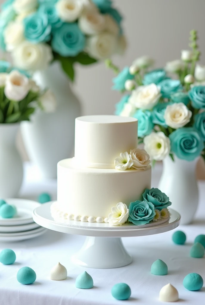 create a complete christening table with a 2-tier white cake , white flowers and turquoise flowers inside white vases , white chocolates inside flower molds in different shades of turquoise